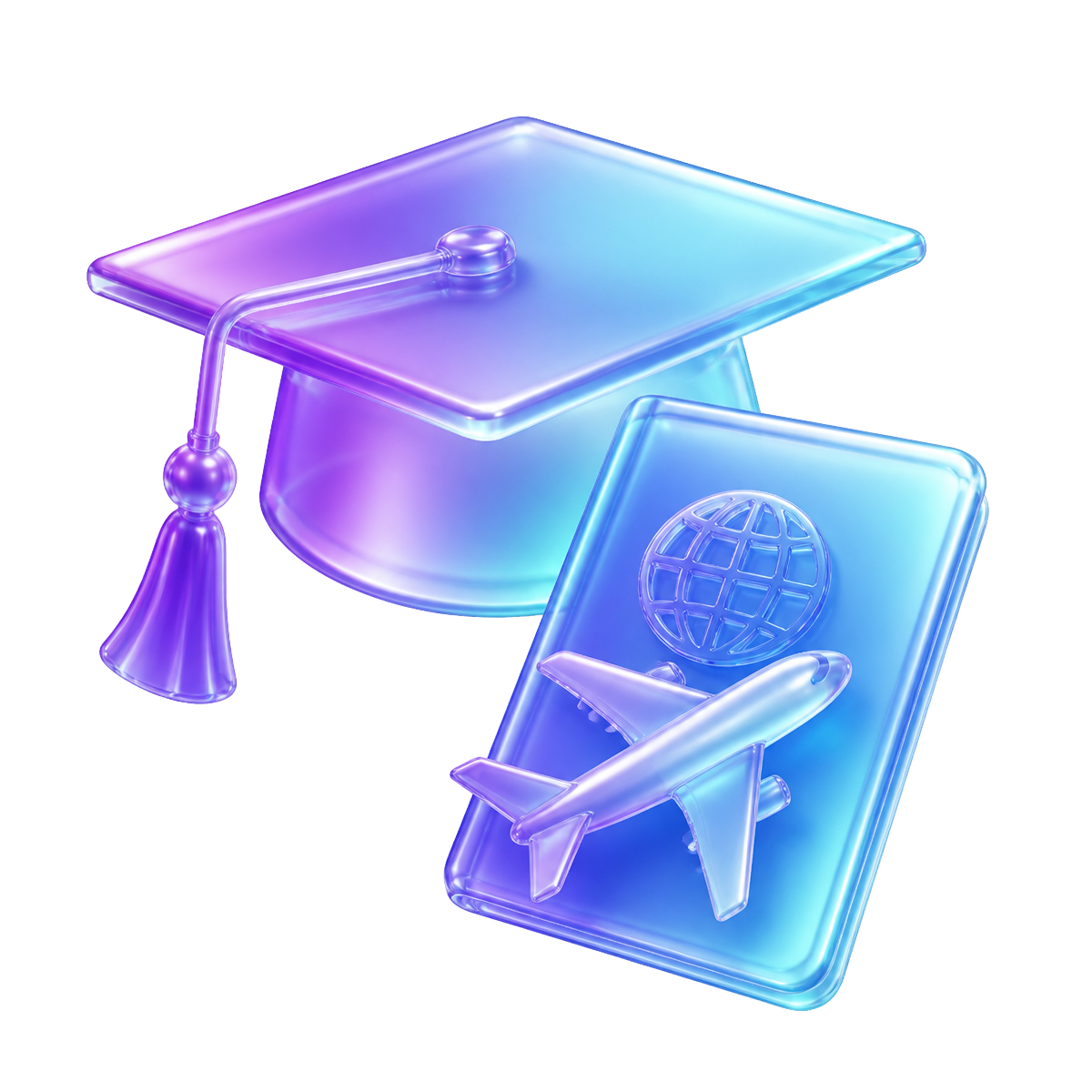 Glass 3D graduation cap with a passport, globe and aeroplane